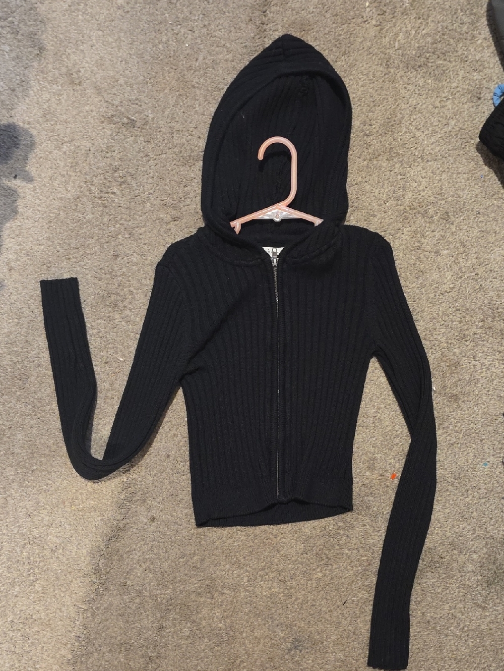 Aeropostale Black Ribbed Hooded Zip-Up Cardigan